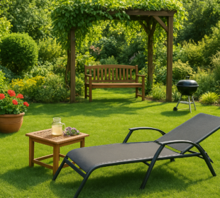 Nowoczesne wyposażenie ogrodu z drewnianymi meblami, parasolem i dekoracjami, idealne do relaksu na świeżym powietrzu.