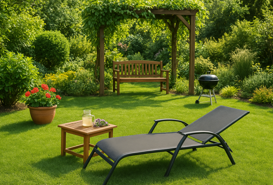 Nowoczesne wyposażenie ogrodu z drewnianymi meblami, parasolem i dekoracjami, idealne do relaksu na świeżym powietrzu.