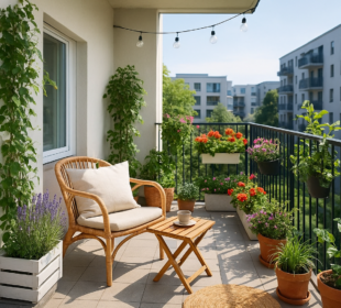 Aranżacja balkonu i loggii z roślinami, wygodnym fotelem i stolikiem kawowym w otoczeniu miejskich budynków.