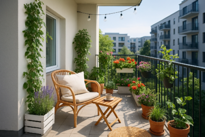Aranżacja balkonu i loggii z roślinami, wygodnym fotelem i stolikiem kawowym w otoczeniu miejskich budynków.