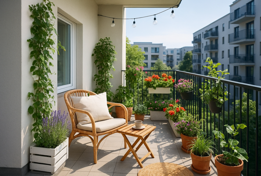 Aranżacja balkonu i loggii z roślinami, wygodnym fotelem i stolikiem kawowym w otoczeniu miejskich budynków.