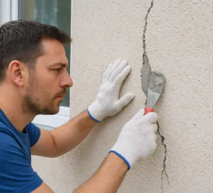 Elewacja – naprawa pęknięcia w tynku przez fachowca
