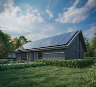 Fotowoltaika – panele słoneczne zamontowane na dachu nowoczesnego domu w słoneczny dzień