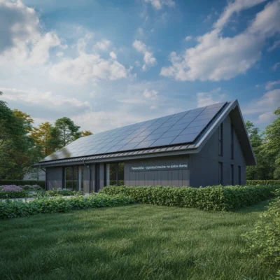 Fotowoltaika – panele słoneczne zamontowane na dachu nowoczesnego domu w słoneczny dzień