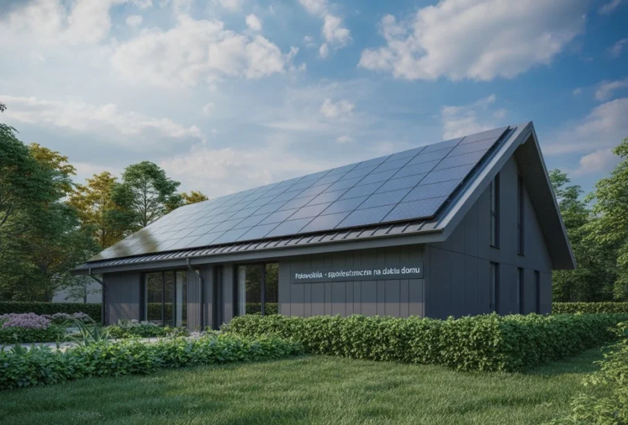 Fotowoltaika – panele słoneczne zamontowane na dachu nowoczesnego domu w słoneczny dzień