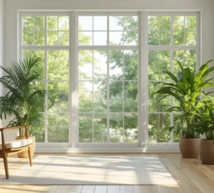 Nowoczesny salon z dużymi energooszczędnymi oknami – przykład dlaczego warto wymieniać okna