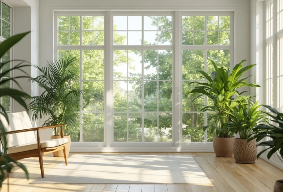 Nowoczesny salon z dużymi energooszczędnymi oknami – przykład dlaczego warto wymieniać okna