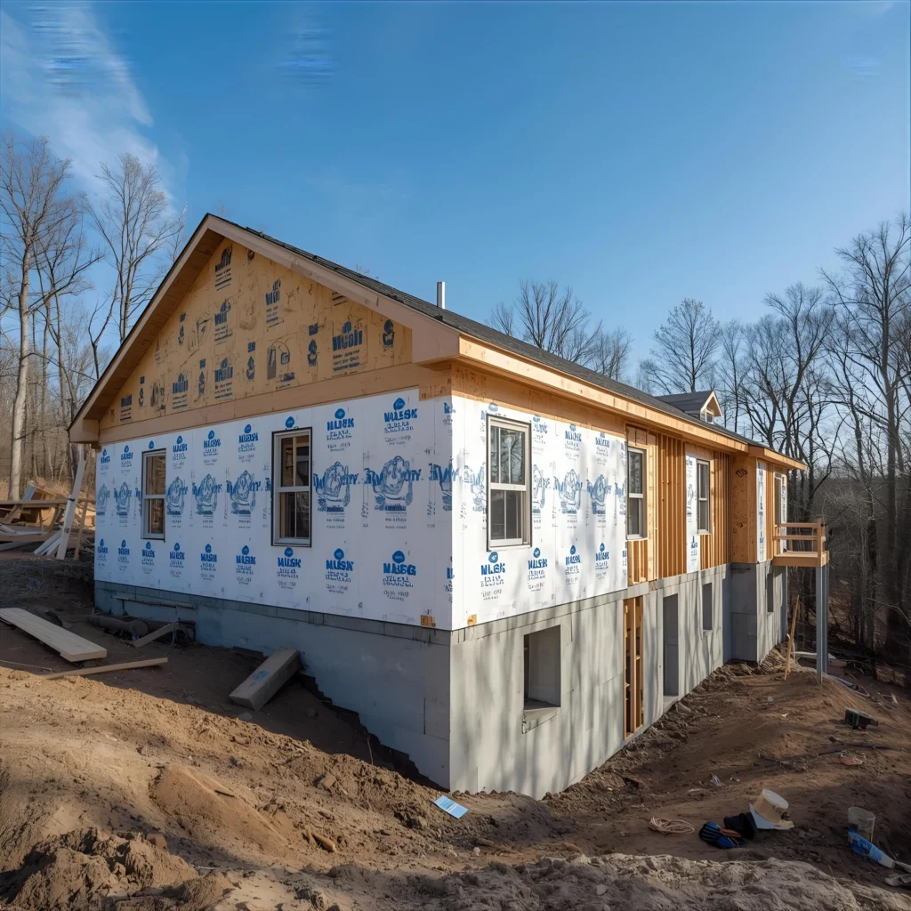 Ocieplenie fundamentów domu jednorodzinnego w trakcie budowy, z widoczną izolacją i odsłoniętymi ścianami fundamentowymi, w naturalnym otoczeniu.