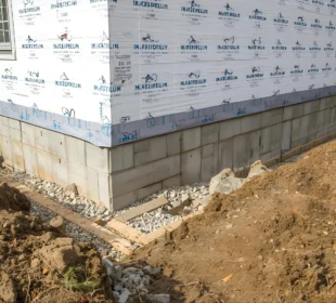 Realistyczne zdjęcie fundamentów domu w budowie z widocznymi panelami izolacyjnymi