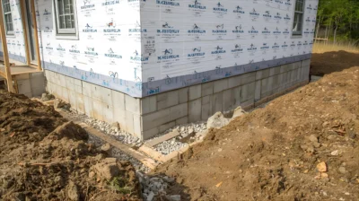 Realistyczne zdjęcie fundamentów domu w budowie z widocznymi panelami izolacyjnymi