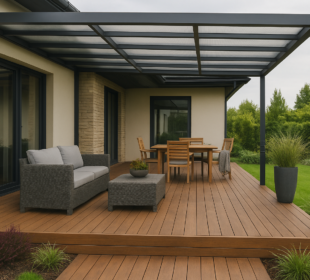 Nowoczesny przydomowy taras z zadaszeniem, meblami ogrodowymi i roślinami w donicach