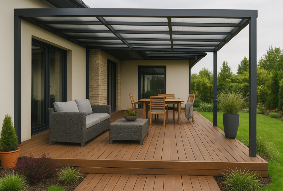 Nowoczesny przydomowy taras z zadaszeniem, meblami ogrodowymi i roślinami w donicach