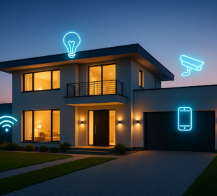 Inteligentny dom z nowoczesnymi systemami smart home, pokazujący automatyzację i wygodę życia