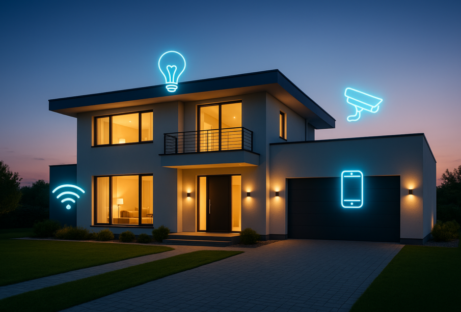Inteligentny dom z nowoczesnymi systemami smart home, pokazujący automatyzację i wygodę życia