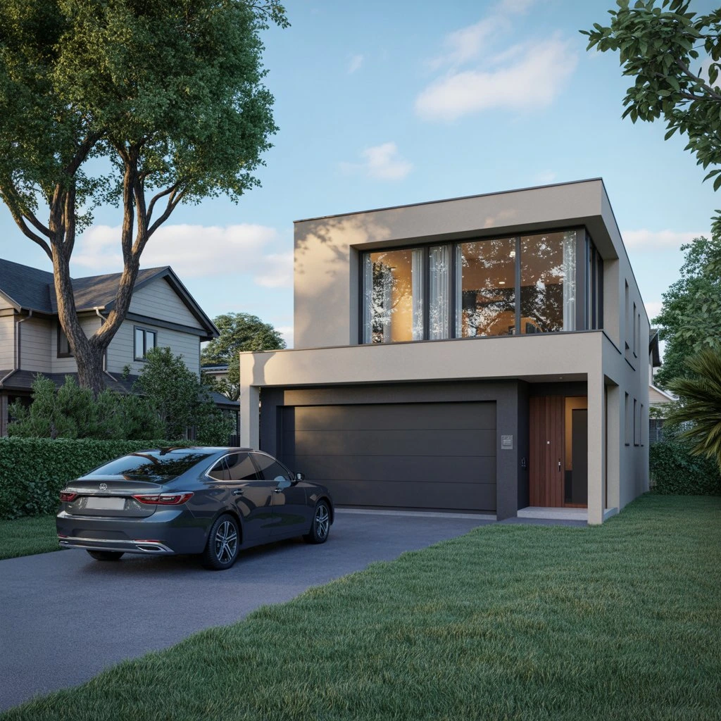 Widok na garaż wbudowany w bryłę nowoczesnego domu