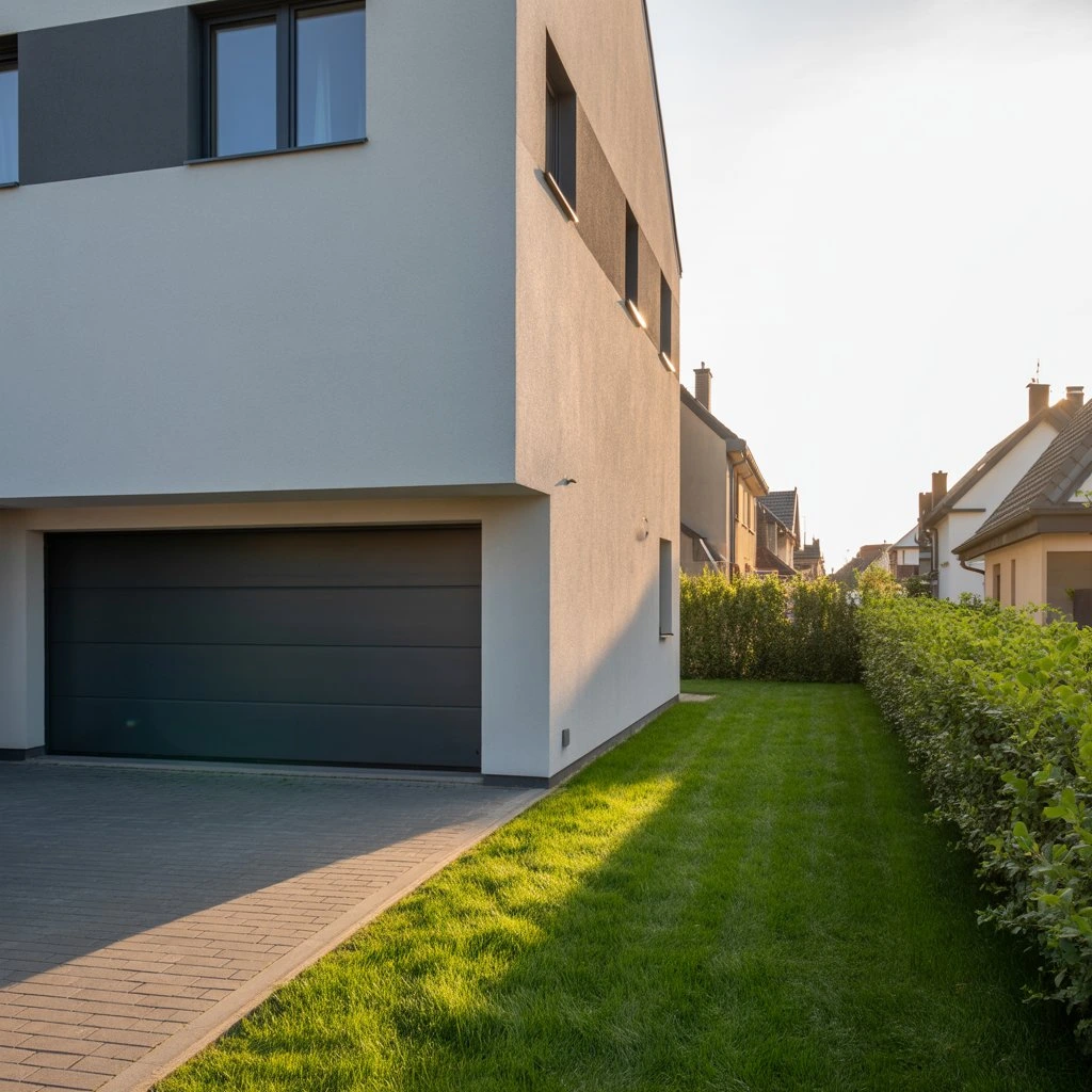 Nowoczesny garaż z podjazdem na osiedlu jednorodzinnym