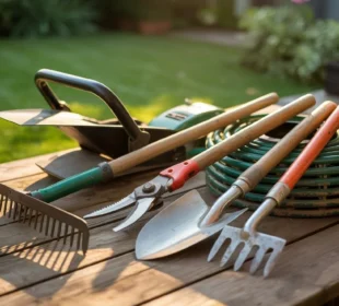 Narzędzia ogrodnicze – sekator, łopata, grabie, kosiarka i wąż ogrodowy