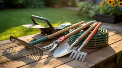 Narzędzia ogrodnicze – sekator, łopata, grabie, kosiarka i wąż ogrodowy