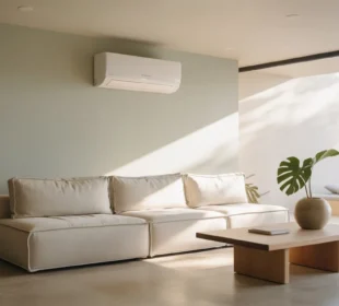 Nowoczesny salon klimatyzacja typu split zamontowaną na ścianie