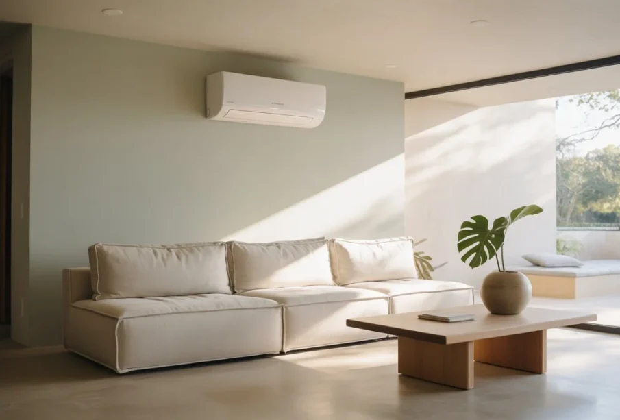 Nowoczesny salon klimatyzacja typu split zamontowaną na ścianie