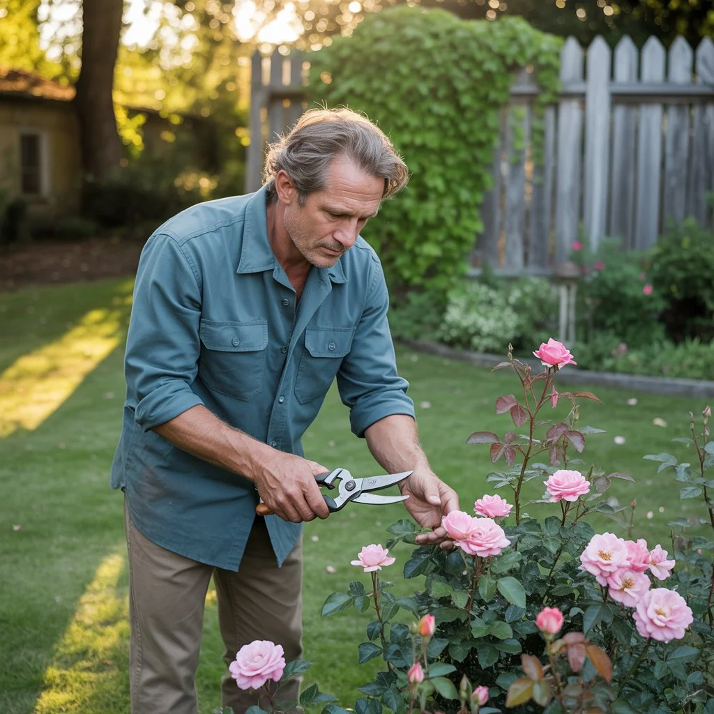 Ogrodnik przycinający gałązki sekatorem – praktyczne narzędzia ogrodnicze w użyciu
