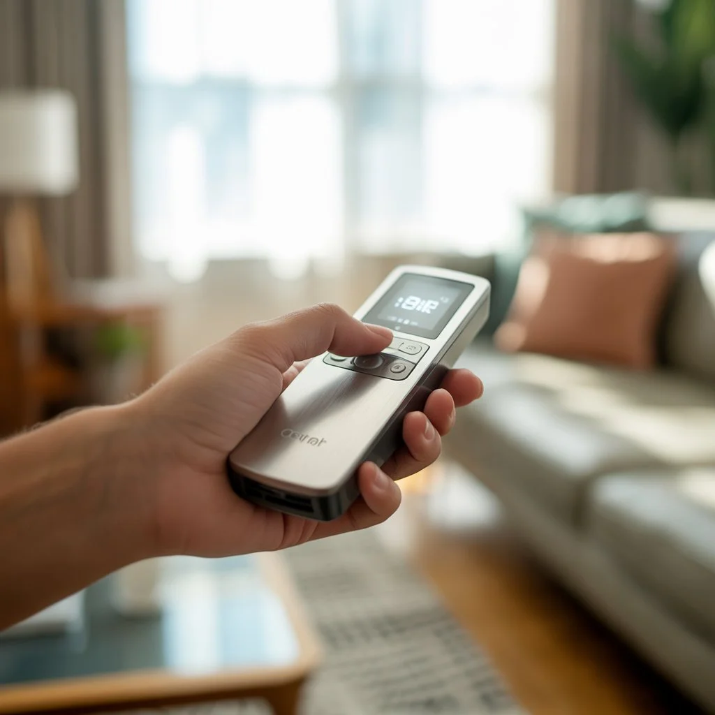 Pilot do klimatyzacji z widoczną regulacją temperatury trzymany w dłoni