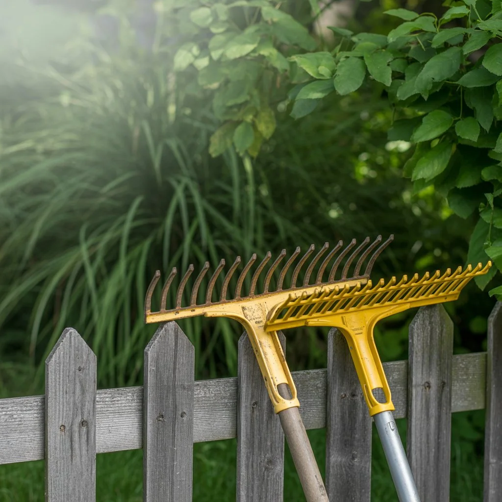 Grabie metalowe i plastikowe oparte o płot – podstawowe narzędzia ogrodnicze