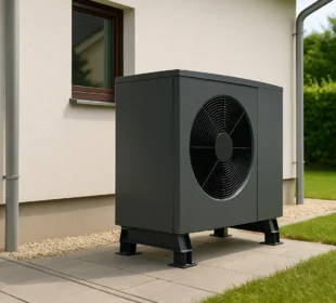 Nowoczesna pompa ciepła zamontowana przy domu jednorodzinnym, jednostka zewnętrzna na tle elewacji i ogrodu