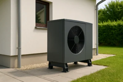 Nowoczesna pompa ciepła zamontowana przy domu jednorodzinnym, jednostka zewnętrzna na tle elewacji i ogrodu
