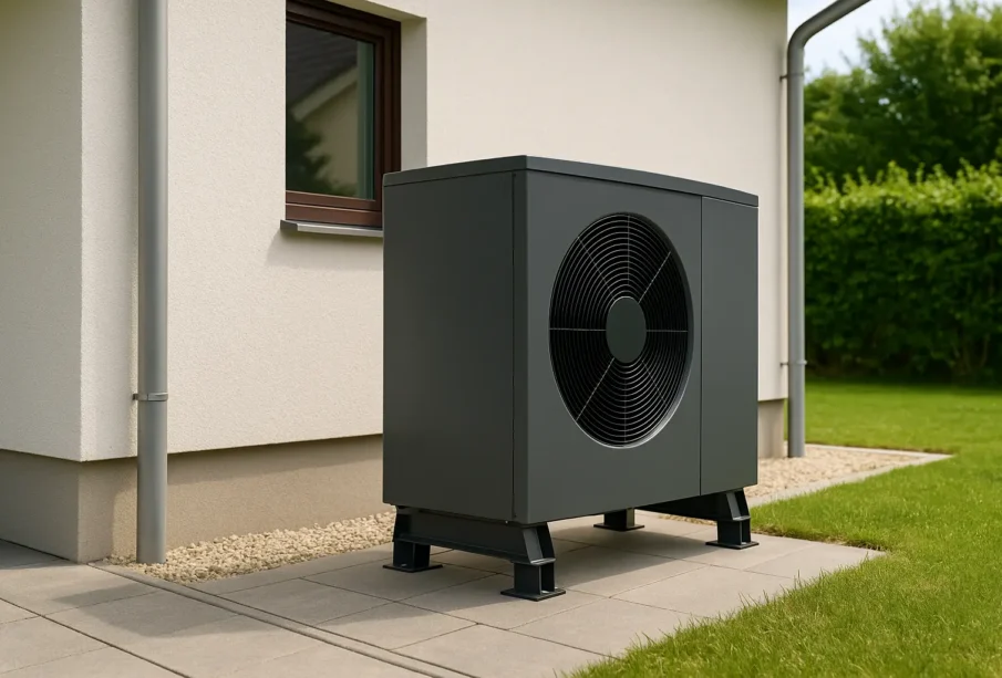 Nowoczesna pompa ciepła zamontowana przy domu jednorodzinnym, jednostka zewnętrzna na tle elewacji i ogrodu