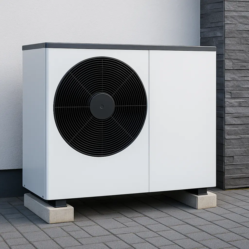 Pompa ciepła zamontowana przy domu jednorodzinnym – nowoczesna jednostka zewnętrzna do ogrzewania i chłodzenia budynku