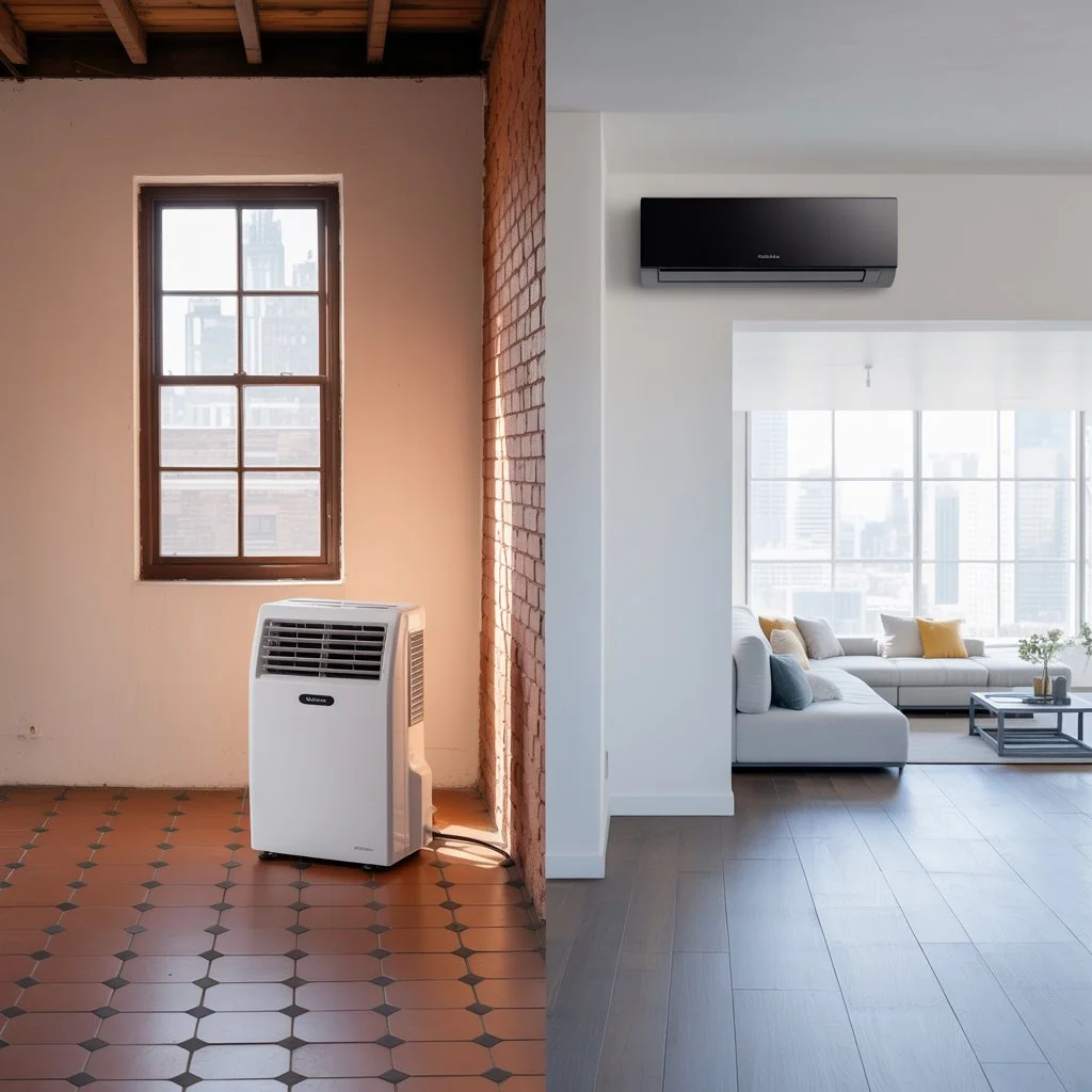 Porównanie klimatyzacja przenośna w mieszkaniu i system split w domu