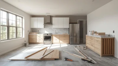 Remont kuchni w trakcie – widoczne nowe szafki, narzędzia