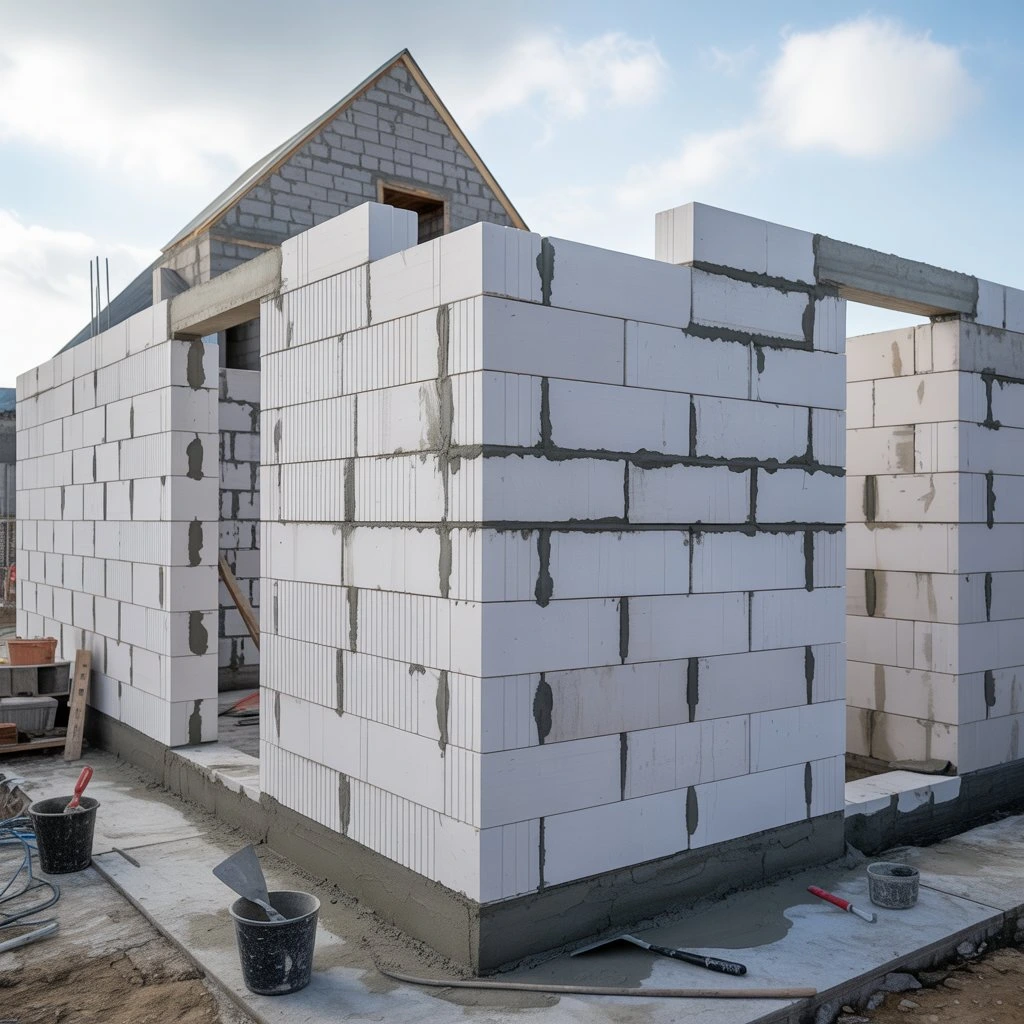 Zbliżenie na ściany nośne w stanie surowym otwartym