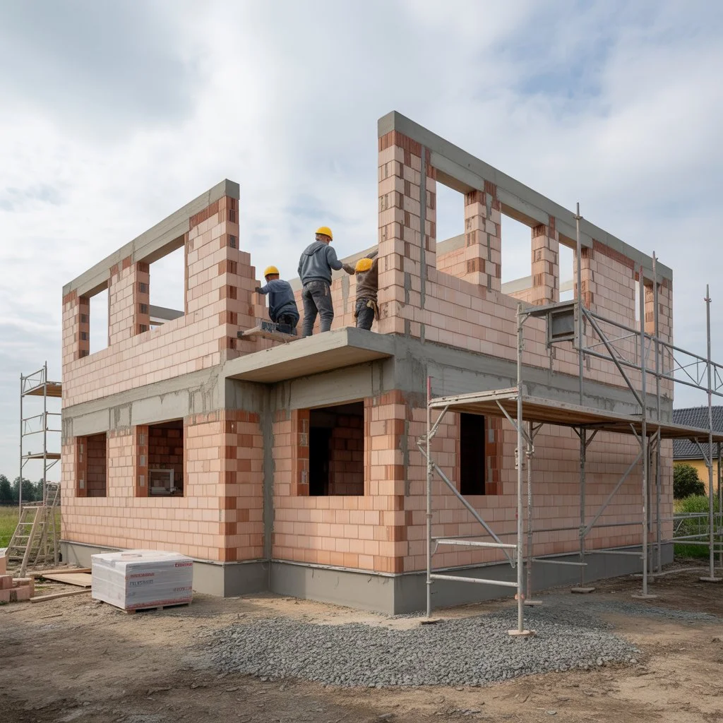 Prace budowlane przy wznoszeniu ścian nośnych