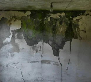 Zawilgocona ściana piwnicy z widocznymi zaciekami wilgoci, łuszczącą się farbą i ogniskami pleśni. Pomieszczenie ma ciemny, wilgotny klimat, który dobrze obrazuje problem nieszczelnej izolacji i złej wentylacji.