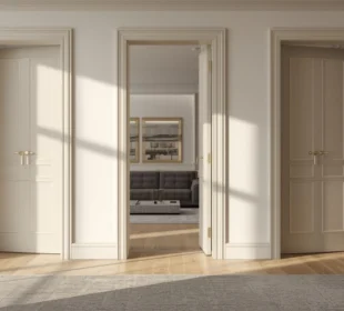 Elegancki salon z nowoczesnymi drzwiami wewnętrznymi w otwarciu, jasne wnętrze, widoczna aranżacja drzwi, profesjonalny montaż”