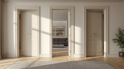 Elegancki salon z nowoczesnymi drzwiami wewnętrznymi w otwarciu, jasne wnętrze, widoczna aranżacja drzwi, profesjonalny montaż”