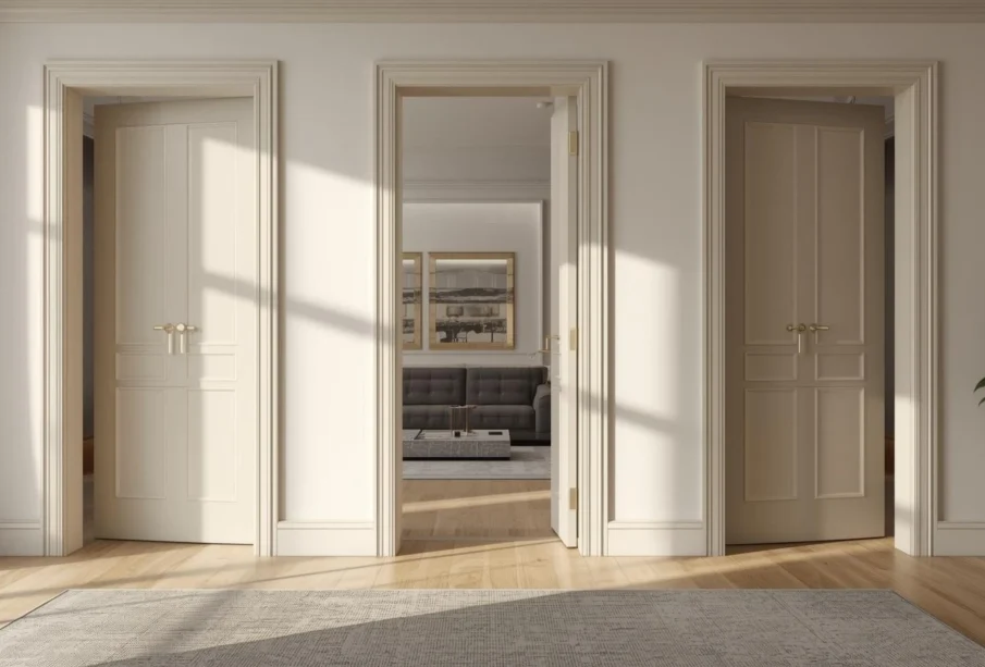 Elegancki salon z nowoczesnymi drzwiami wewnętrznymi w otwarciu, jasne wnętrze, widoczna aranżacja drzwi, profesjonalny montaż”