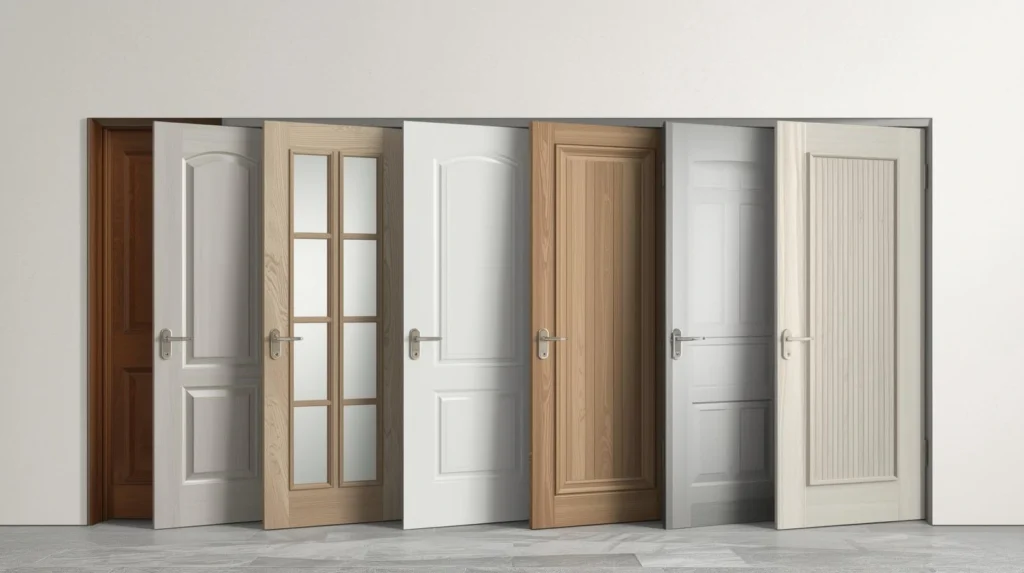 Różne rodzaje drzwi wewnętrznych ustawione w jasnym wnętrzu, pełne, przeszklone i przesuwne, wybór odpowiednich drzwi i ościeżnicy przed montażem