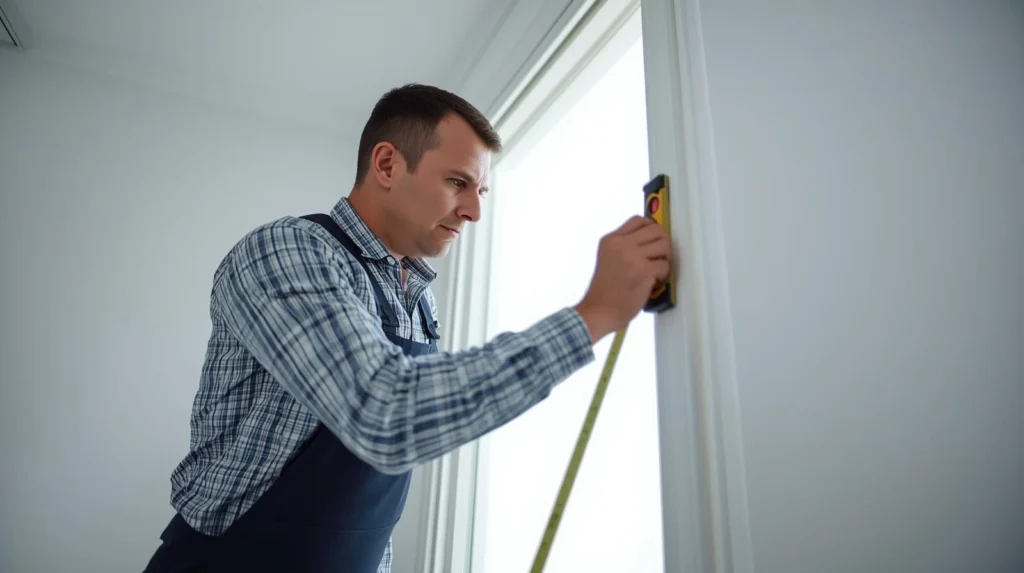 tolarz mierzący otwór drzwiowy poziomicą i miarką, przygotowanie do montażu drzwi wewnętrznych, dokładne pomiary w jasnym wnętrzu