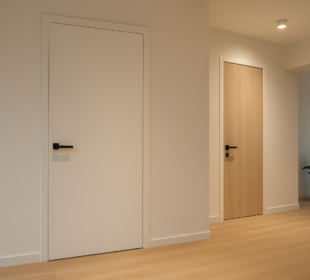 Realistyczne zdjęcie nowoczesnych drzwi wewnętrznych w eleganckim wnętrzu – minimalistyczny design, jasne ściany, drewniana podłoga i subtelne oświetlenie, podkreślające nowoczesny styl pomieszczenia.