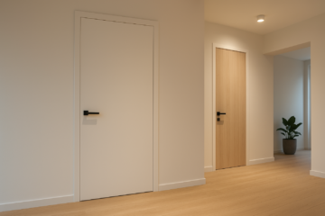 Realistyczne zdjęcie nowoczesnych drzwi wewnętrznych w eleganckim wnętrzu – minimalistyczny design, jasne ściany, drewniana podłoga i subtelne oświetlenie, podkreślające nowoczesny styl pomieszczenia.