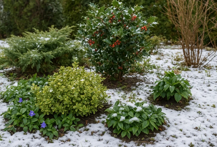 Zimowy ogród z roślinami odpornymi na zimę, w tym ostrokrzewem, barwinkiem i jałowcem, częściowo pokrytymi śniegiem.
