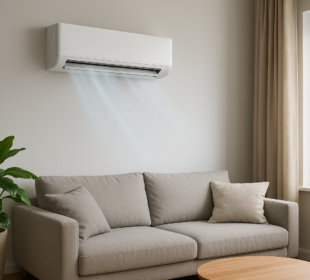 Jednostka klimatyzacyjna na suficie w nowoczesnym biurze, pokazująca efektywną wentylację i komfort termiczny w pomieszczeniu.