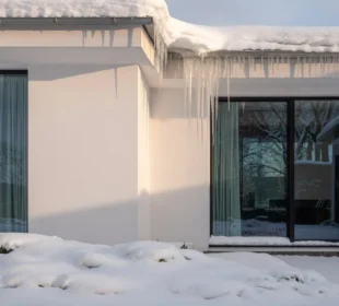 Nowoczesna elewacja domu w zimowej scenerii pokryta śniegiem