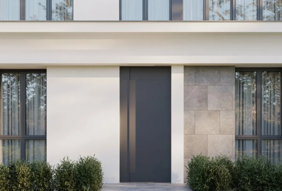 Nowoczesne elewacje domu w minimalistycznym stylu z bielą i szarością