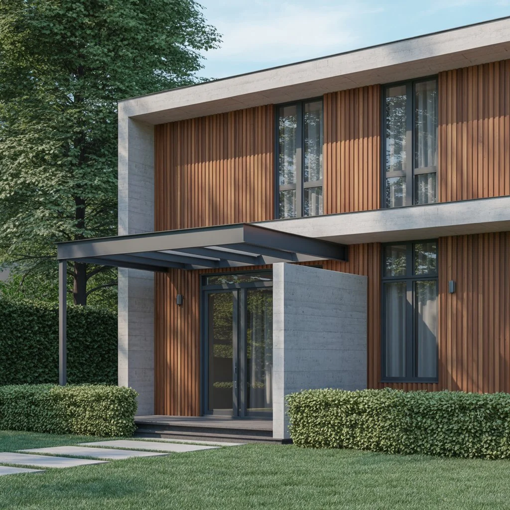 Nowoczesne elewacje domu łącząca drewno i beton w eleganckim projekcie