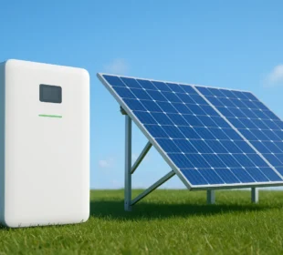 magazyn energii w domu obok paneli fotowoltaicznych na trawniku w słoneczny dzień