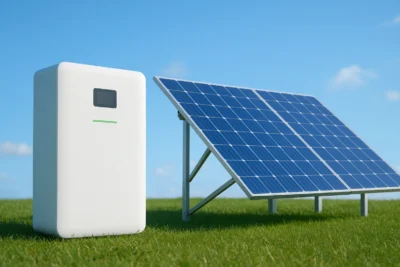 magazyn energii w domu obok paneli fotowoltaicznych na trawniku w słoneczny dzień